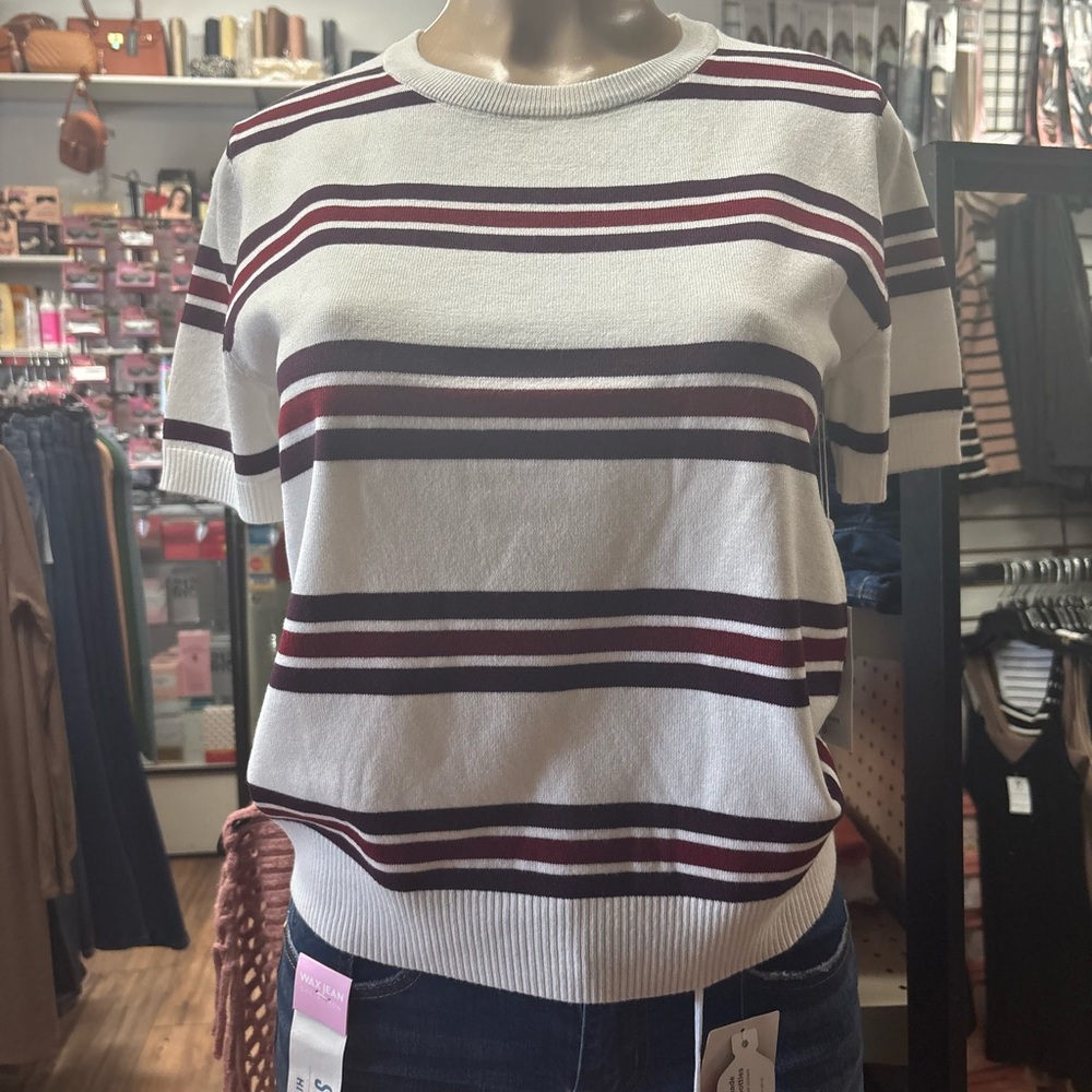 Striped Short Sleeve Top - White and Burgundy